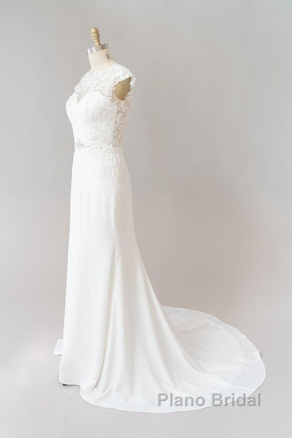Long Sheath  Illusion Lace Wedding Dress with Cap Sleeve