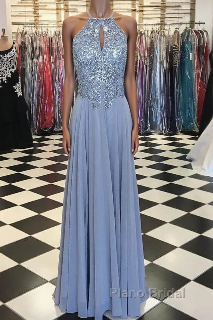 Long Silver Chiffon Formal Prom Dresses Halter Evening Gowns  New Arrival Main image