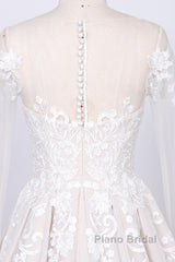 Long Sleeve Appliques Lace Tulle A-line Wedding Dress