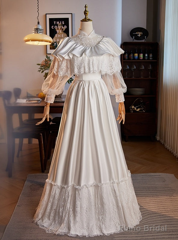 Long Sleeve High Neck Satin Lace Wedding Dress Main image