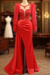 Long Sleeve Mermaid Applqiue Dresses With Slit