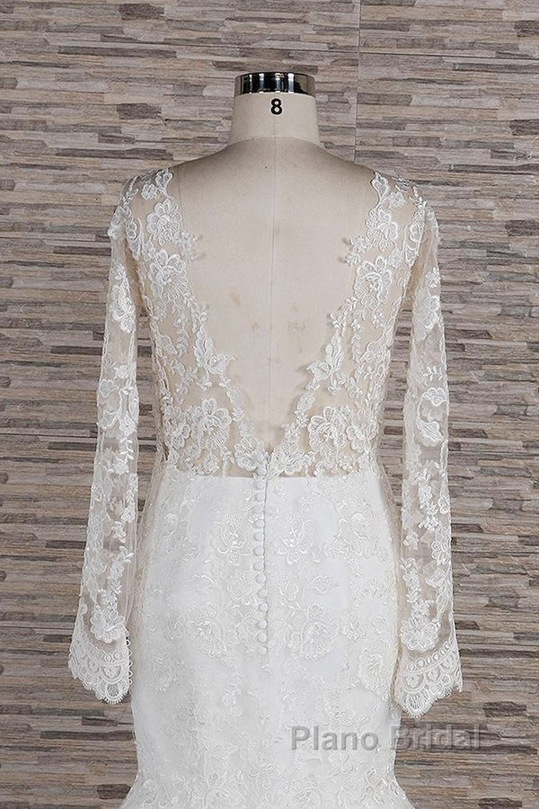 Long Sleeve Mermaid Sweetheart Appliques Lace Backless Wedding Dress