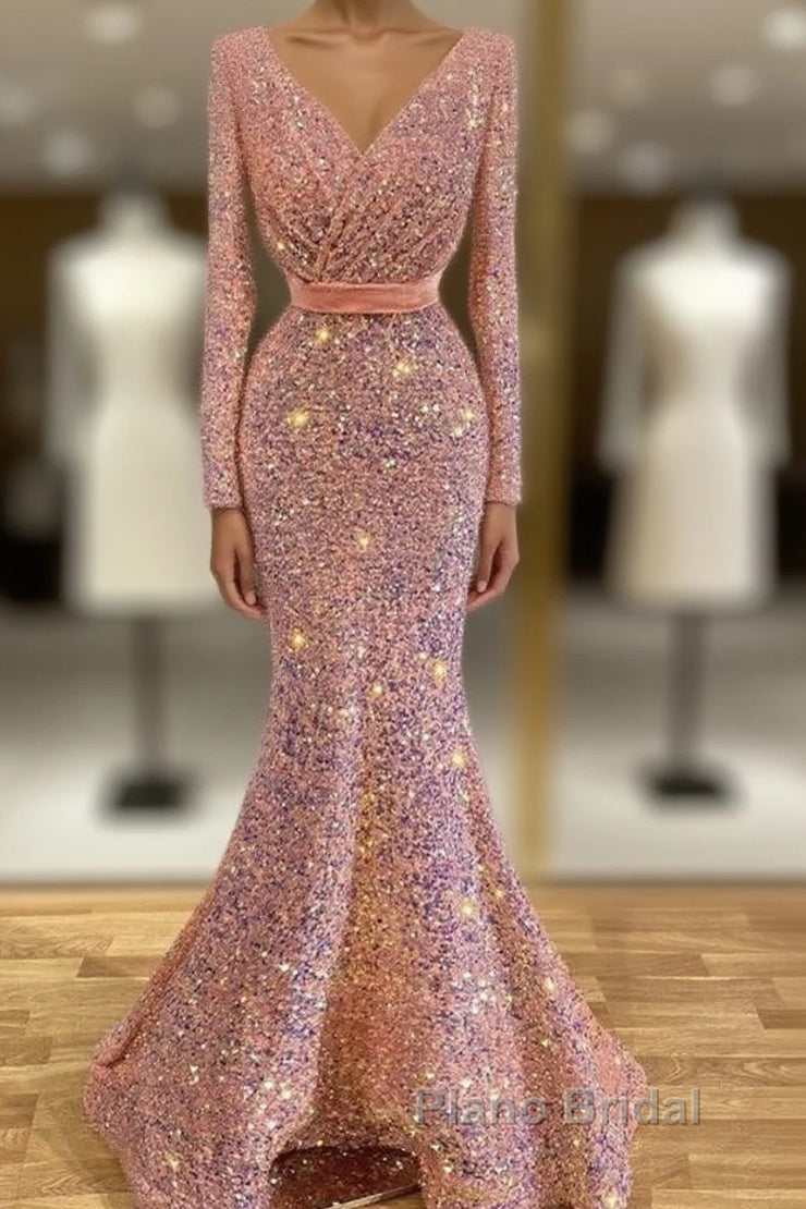 Long Sleeve Pink Mermaid Sequin Formal Prom Dresses