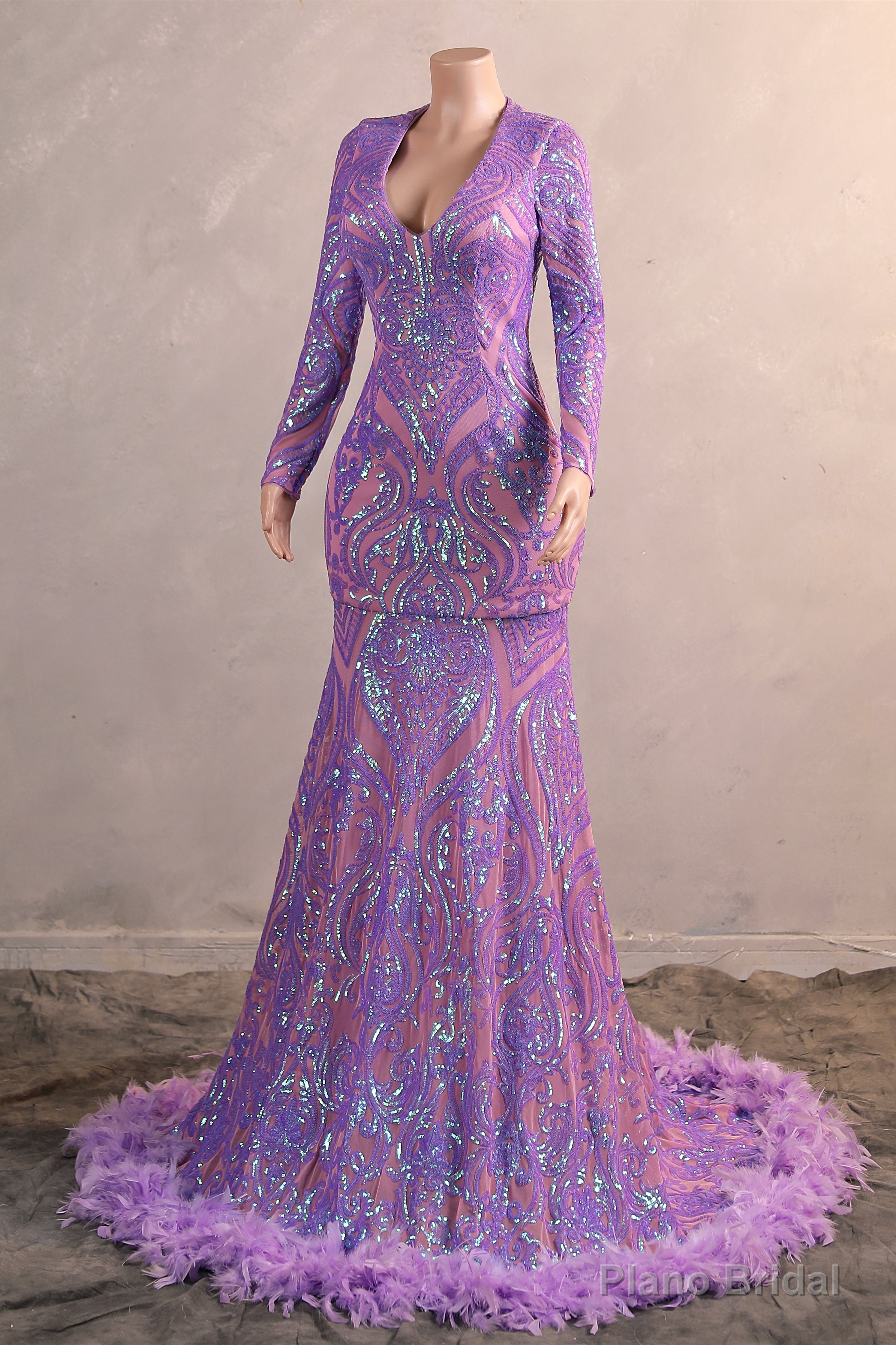 Long Sleeve Purple Prom Dresses for Teens Black Girls Luxury Feather Hem Plus Size Evening Gown Womens Sequin Party Dress