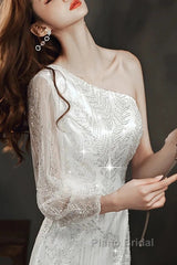 Long Sleeve Sequin Champagne Formal Prom Dresses