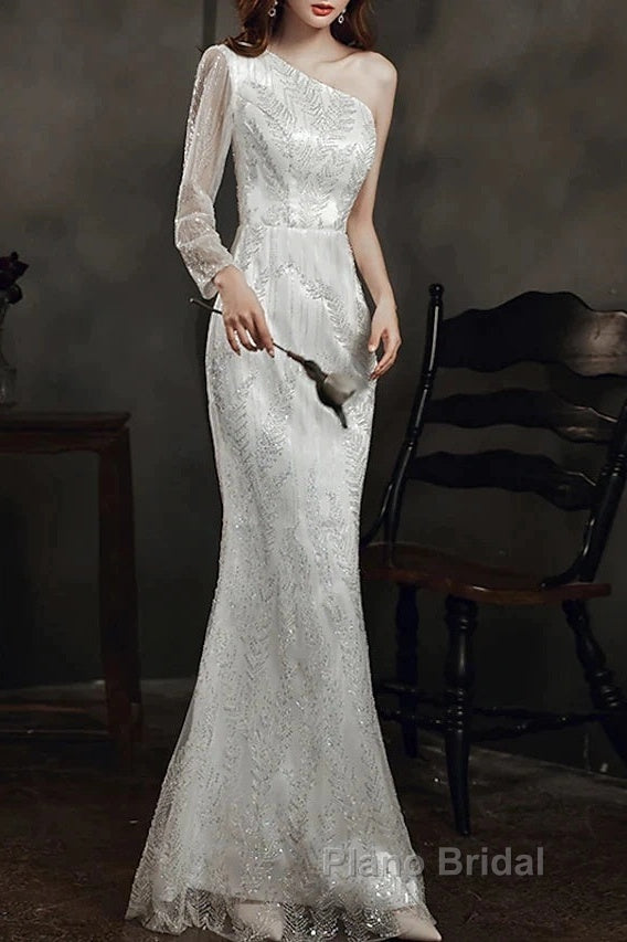 Long Sleeve Sequin Champagne Formal Prom Dresses