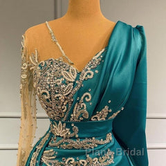 Long Sleeve Sheer Beading Ruched Satin Green Trumpet Mermaid Formal Prom Dresses