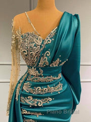 Long Sleeve Sheer Beading Ruched Satin Green Trumpet Mermaid Formal Prom Dresses