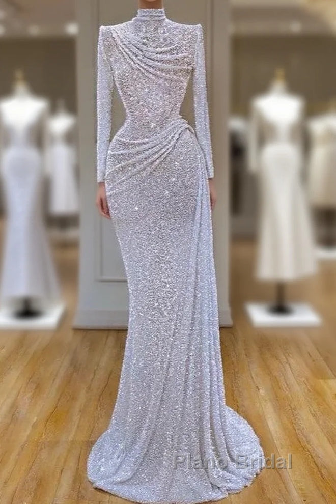 Long Sleeve White Sequin Pleated Long Formal Prom Dresses Main image