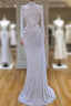 Long Sleeve White Sequin Pleated Long Formal Prom Dresses