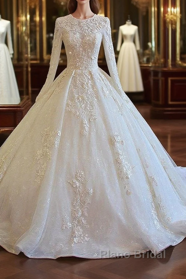 Long Sleeved Ball Gown Satin Wedding Dresses With Lace Flowers Main image