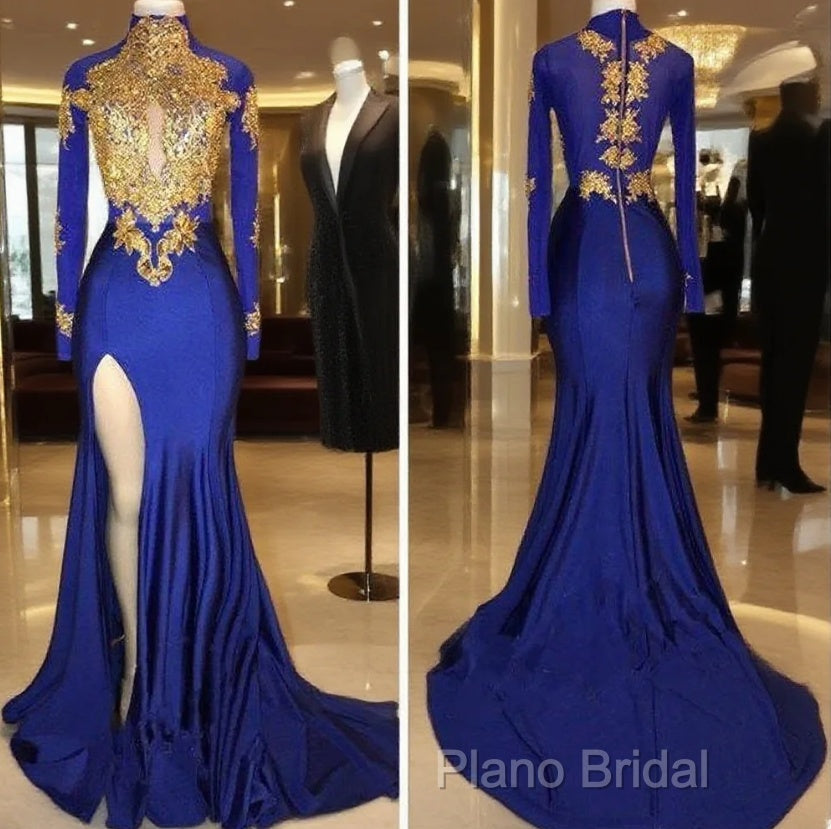 Long Sleeves Blue Gold Formal Prom Dresses Side Slit Formal Gowns