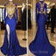 Long Sleeves Blue Gold Formal Prom Dresses Side Slit Formal Gowns