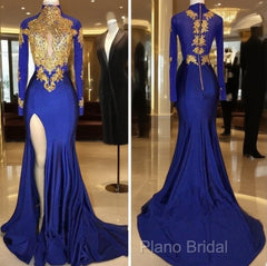 Long Sleeves Blue Gold Formal Prom Dresses Side Slit Formal Gowns