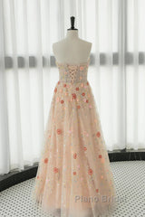 Long Sleeves Champagne Lace Floral Long Formal Prom Dresses, Long Sleeves Champagne Lace Floral Formal Evening Dresses