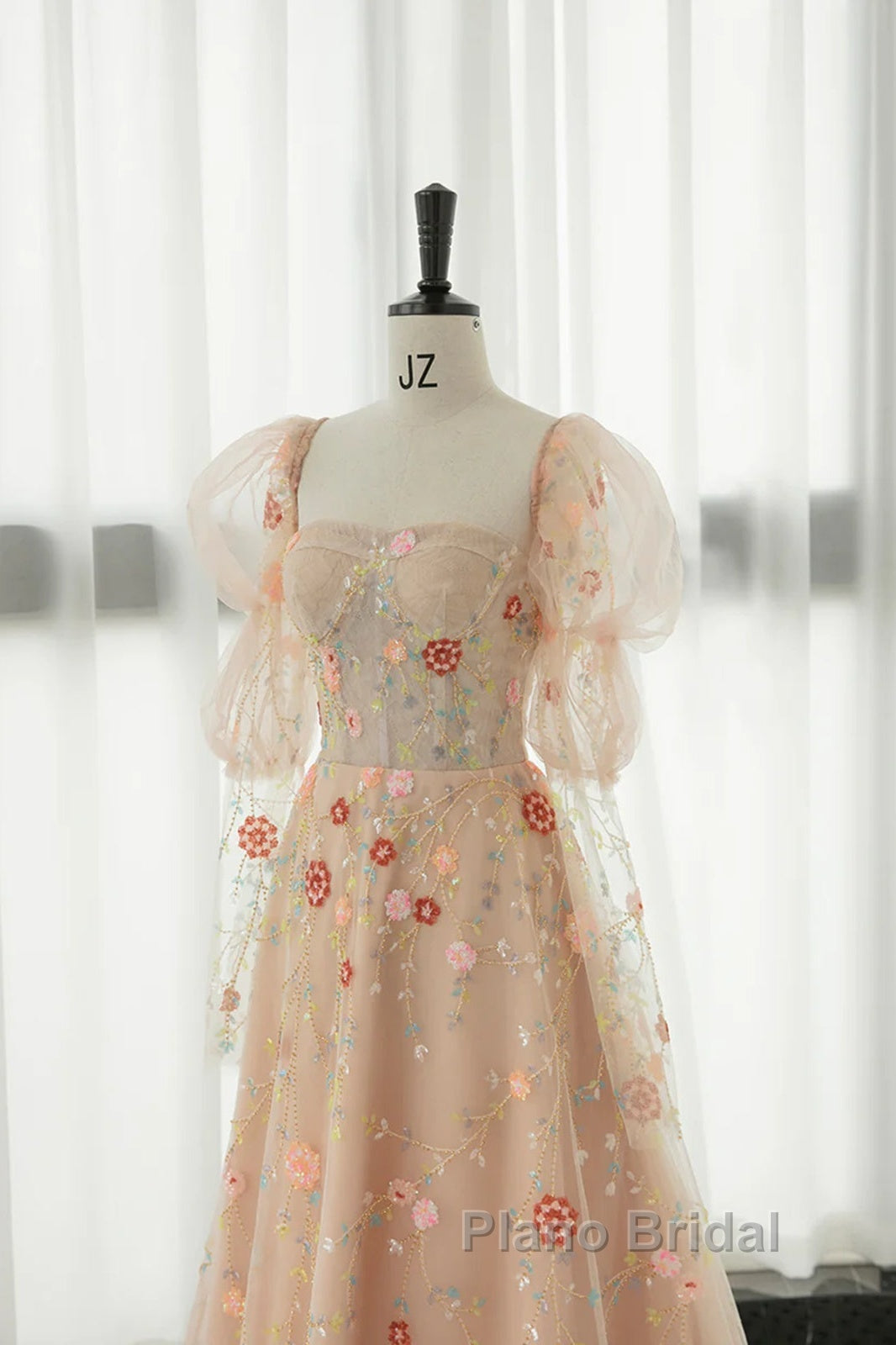 Long Sleeves Champagne Lace Floral Long Formal Prom Dresses, Long Sleeves Champagne Lace Floral Formal Evening Dresses