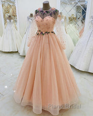Long Sleeves Evening Dresses Tulle Flowers Beaded