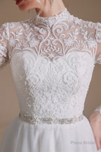 Long Sleeves High Neck with Tulle Train Full A-Line Wedding Dresses