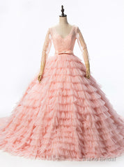 Long Sleeves Peach Sexy Tulle Sequined Tiered Wedding Dress