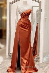 Long Sleeves Formal Prom Dresses Mermaid Satin Split