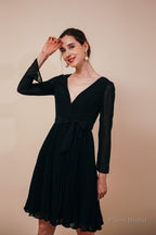 Long Sleeves Ruffles with Belt Knee Length Chiffon Prom Dresses