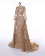 Long Sleeves Sequin Gold Mermaid Formal Prom Dresses