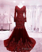 Long Sleeves V-neck Lace Formal Prom Mermaid Dresses,Women Evening Dresses