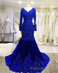Long Sleeves V-neck Lace Formal Prom Mermaid Dresses,Women Evening Dresses