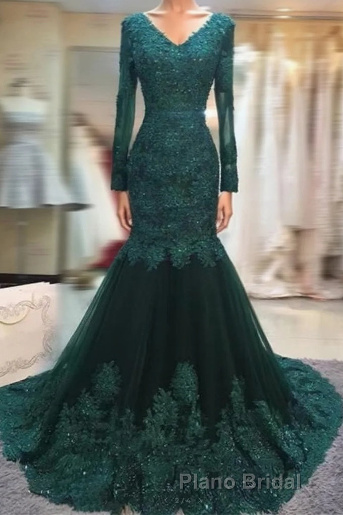 Long Sleeves V-neck Lace Formal Prom Mermaid Dresses,Women Evening Dresses