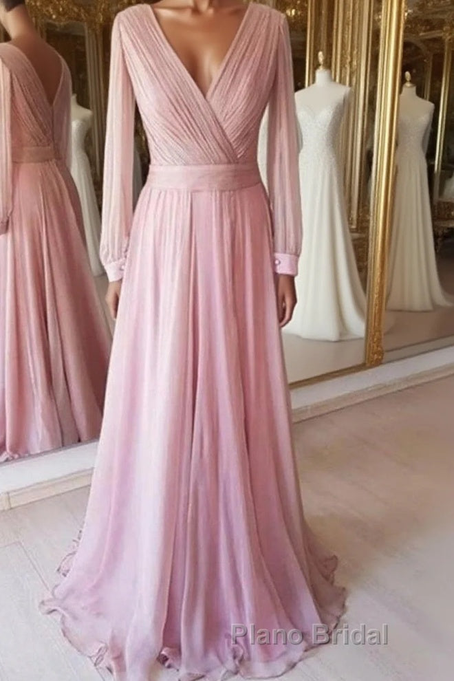 Long Sleeves V Neck Pink Chiffon Long Formal Prom Dress, Long Sleeves Pink Bridesmaid Dress, Pink Formal Evening Dress Main image