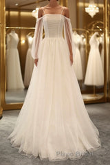 Long Sleeves White Tulle Formal Prom Wedding Dresses, Long Sleeves White Tulle Formal Evening Dresses