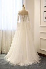 Long Sleeves White Tulle Formal Prom Wedding Dresses, Long Sleeves White Tulle Formal Evening Dresses