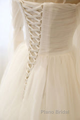 Long Sleeves White Tulle Formal Prom Wedding Dresses, Long Sleeves White Tulle Formal Evening Dresses