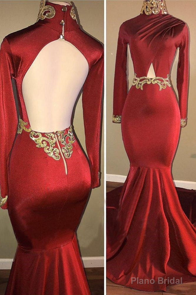 Long Sleevess High Neck Hollow Back Mermaid Prom Dresses