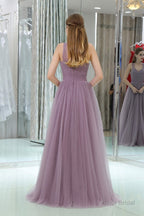 Long Tulle Sweetheart Lavender Sleeveless Lavender Prom Dresses