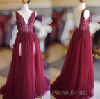 Long Tulle V-neck Formal Prom Dresses Sequin Beaded Evening Gowns