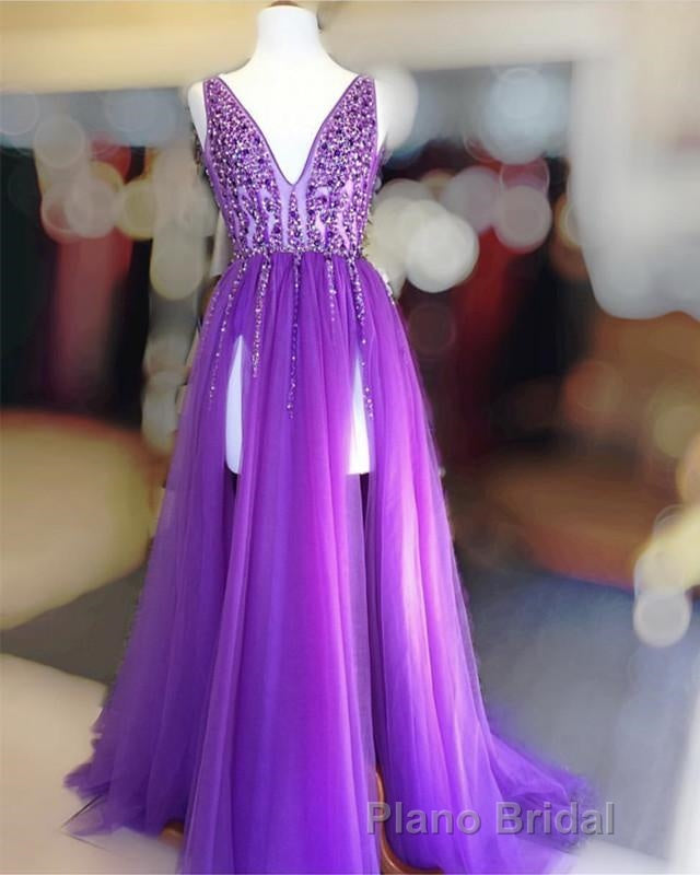 Long Tulle V-neck Formal Prom Dresses Sequin Beaded Evening Gowns