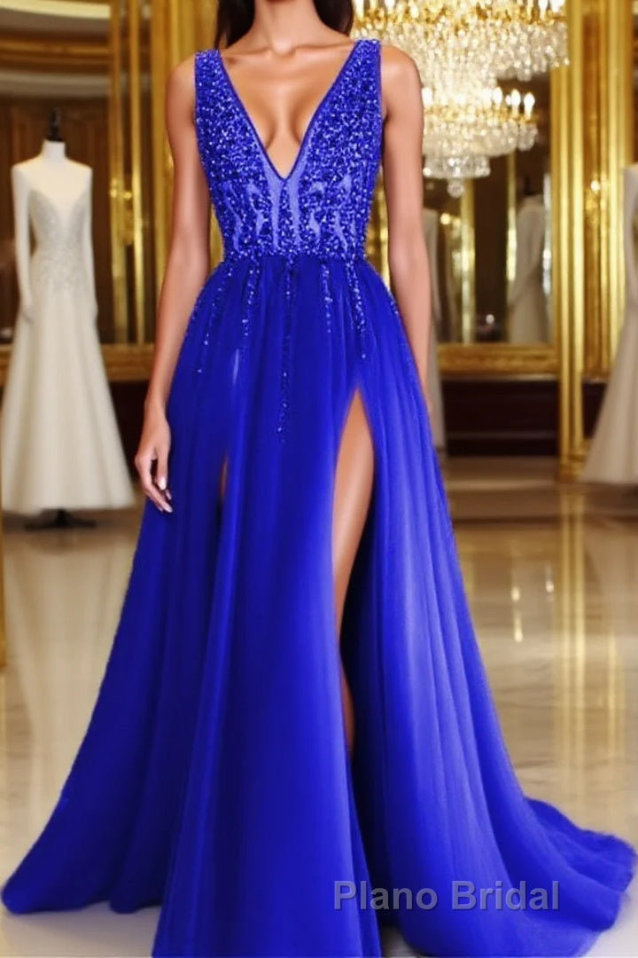 Long Tulle V-neck Formal Prom Dresses Sequin Beaded Evening Gowns