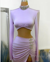 Long Two Piece Mermaid High Neck Split Formal Prom Dress with Sleeves