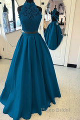 Long Two Piece Formal Prom Dresses Lace High Neck Open Back
