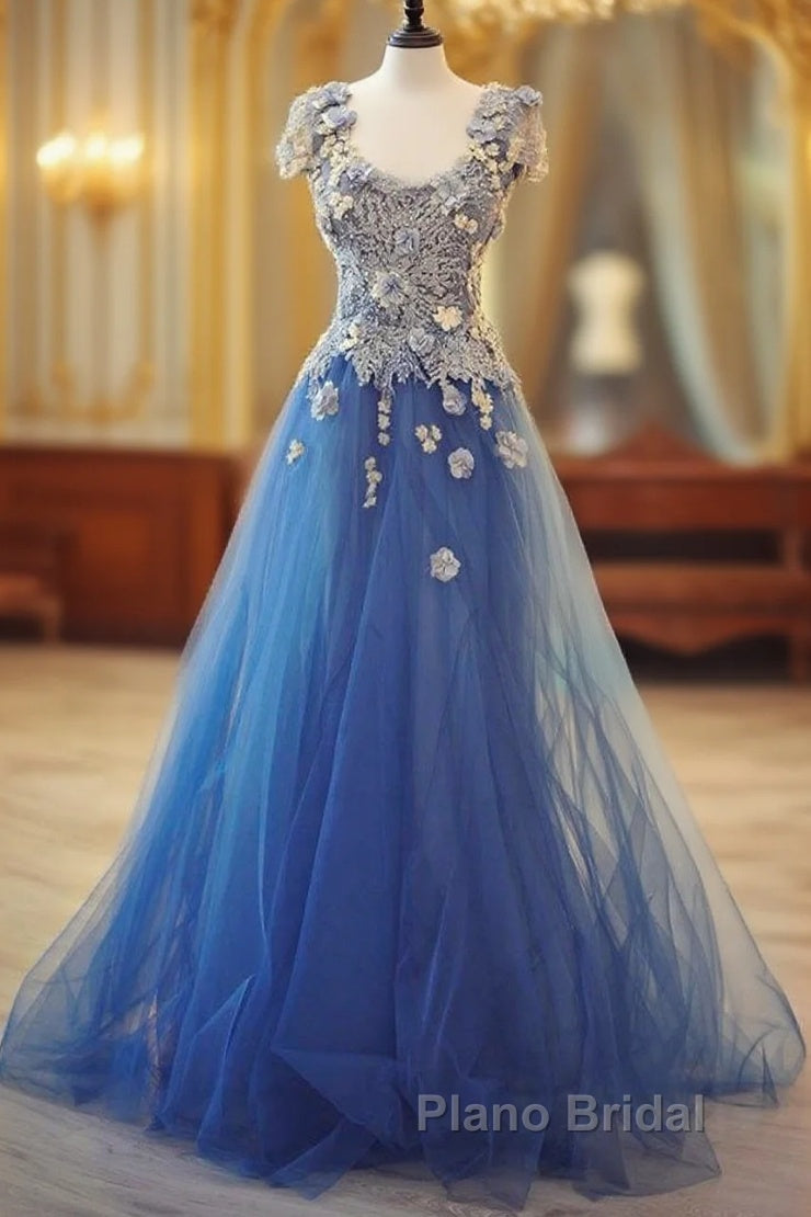 Long Unique Lace Applique Tulle Blue Formal Prom Dresses Main image