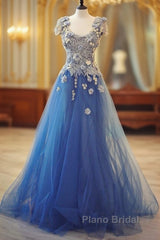 Long Unique Lace Applique Tulle Blue Formal Prom Dresses