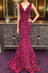 Long V Neck Fuchsia Formal Prom Dresses Sequin Mermaid Formal Graduation Dresses