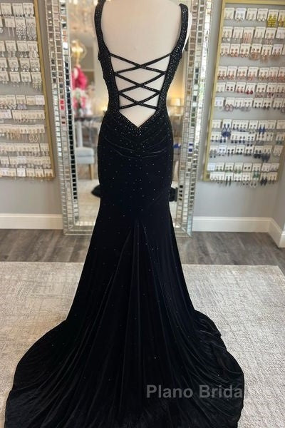 Long Velvet Black Formal Prom Dresses Straps Crystals V Neck Formal Dresses Gowns Secondary image