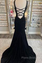 Long Velvet Black Formal Prom Dresses Straps Crystals V Neck Formal Dresses Gowns