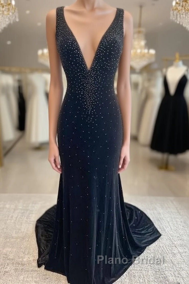 Long Velvet Black Formal Prom Dresses Straps Crystals V Neck Formal Dresses Gowns Main image