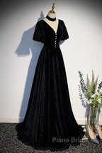 Long Velvet V-Neckline Floor Length Formal Prom Dresses, Black Evening Wedding Party Dresses