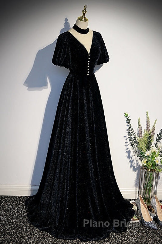 Long Velvet V-Neckline Floor Length Formal Prom Dresses, Black Evening Wedding Party Dresses