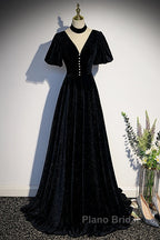 Long Velvet V-Neckline Floor Length Formal Prom Dresses, Black Evening Wedding Party Dresses