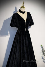 Long Velvet V-Neckline Floor Length Formal Prom Dresses, Black Evening Wedding Party Dresses